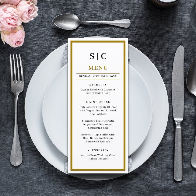 Menu Mariage Formel Classique Monogramme Noir Or (Formal black and gold monogram wedding menu adds a refined, elegant touch to reception tables.)