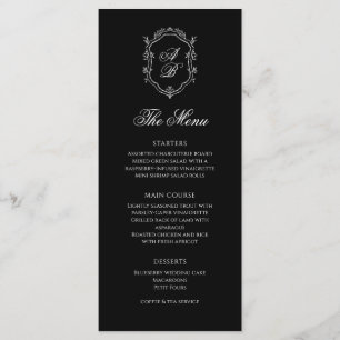 Menu Mariage Formel noir & blanc Floral Monogram Crest