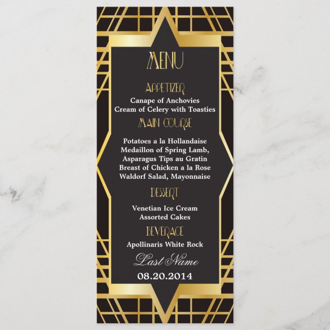 Menu Mariage Gatsby Style Années folles (Devant)