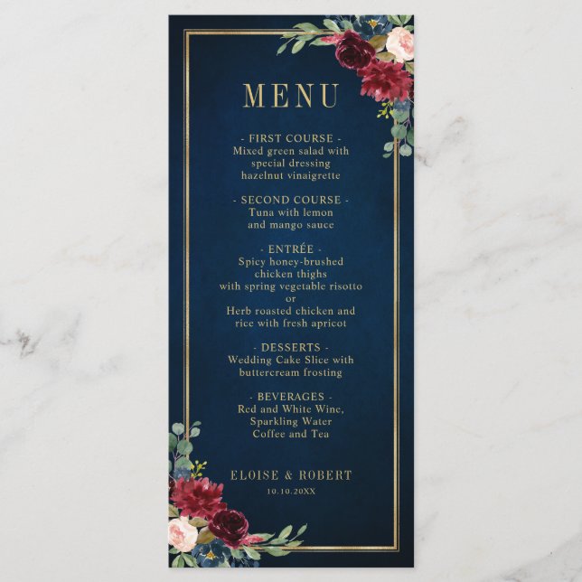 Menu Mariage géométrique bleu bleu marine Bourgogne or (Devant)