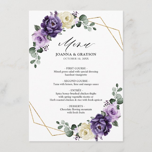 Menu Mariage géométrique Floral Plum violet or ivoire (Devant)
