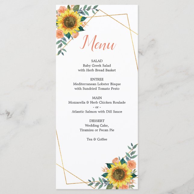 Menu Mariage géométrique Rose de corail du tournesol (Devant)