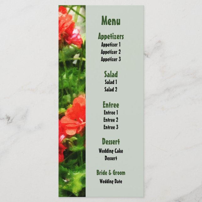 Menu Mariage Géraniums rouges vifs (Devant)