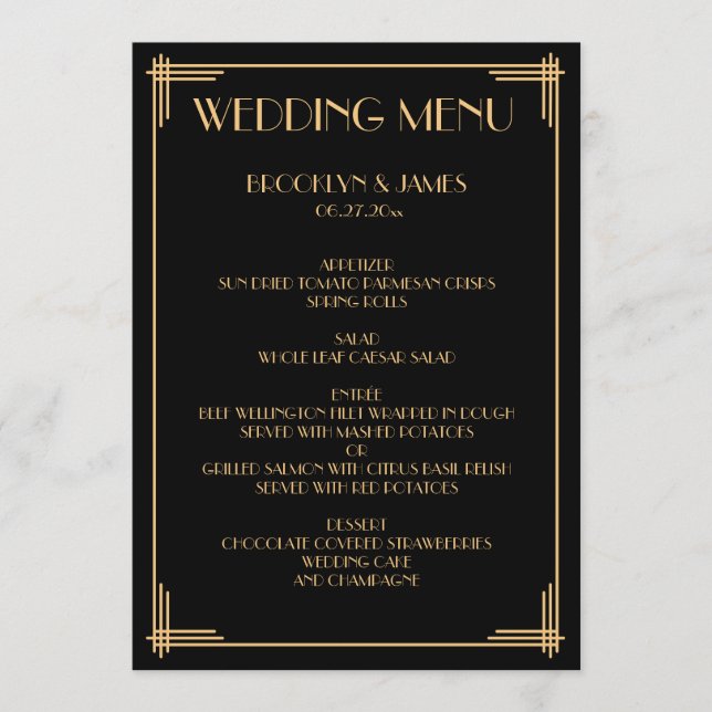 Menu Mariage Gold Black Great Gatsby Art Déco (Devant)