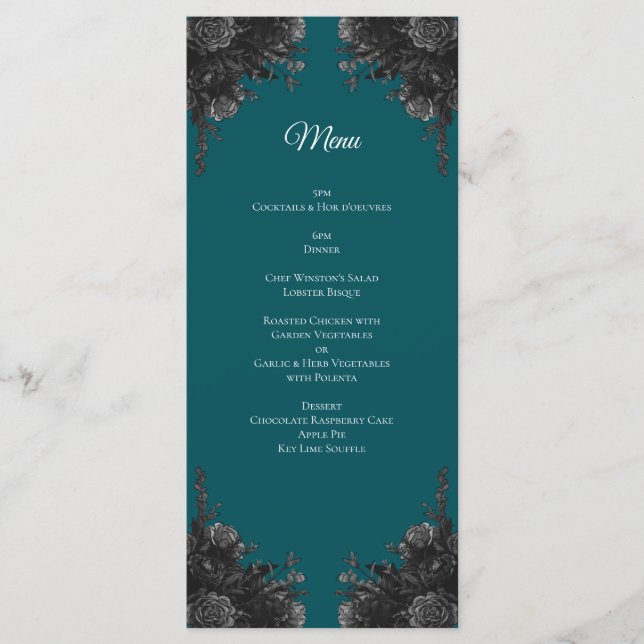 Menu Mariage gothique Rose gris-noir turquoise (Devant)
