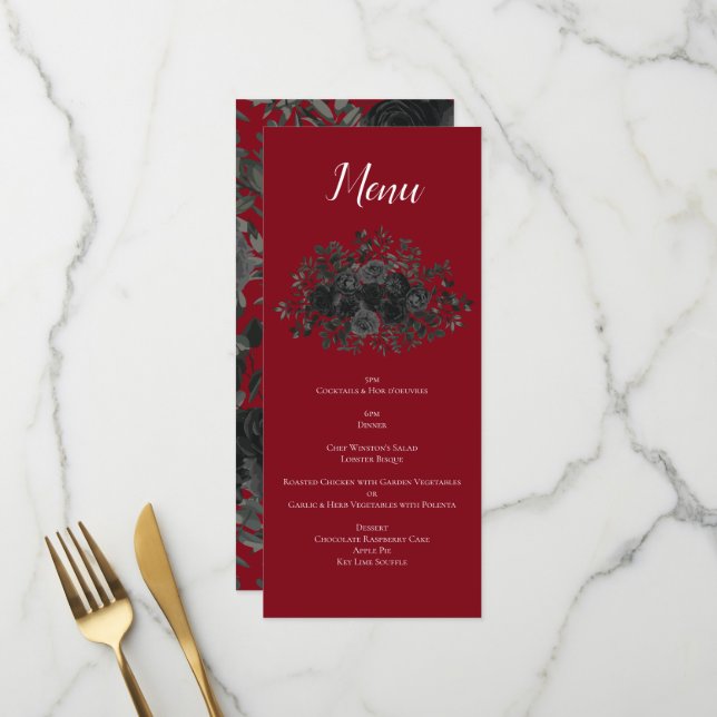 Menu Mariage gothique Rose rouge et noir (Devant/Arrière en situation)