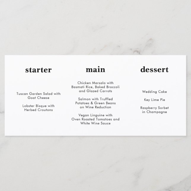 Menu Mariage horizontal unique moderne noir blanc (Devant)