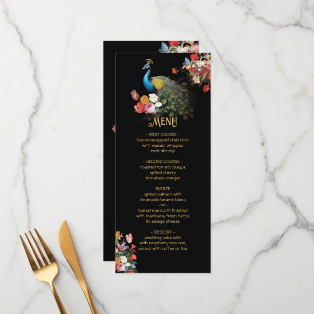 Menu Mariage indien Hindu Peacock Floral (Devant/Arrière en situation)