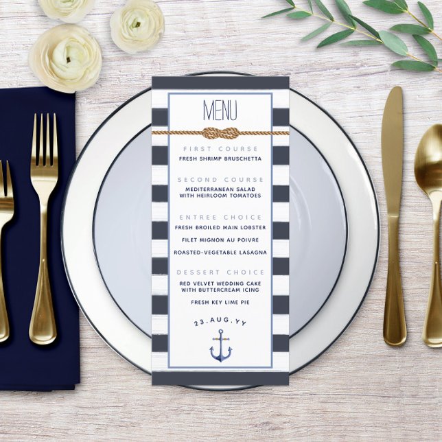 Menu Mariage Infini Naval & Rayures Blanches ⚓ (Navy & White Stripes ⚓ Nautical Infinity Wedding Menu)