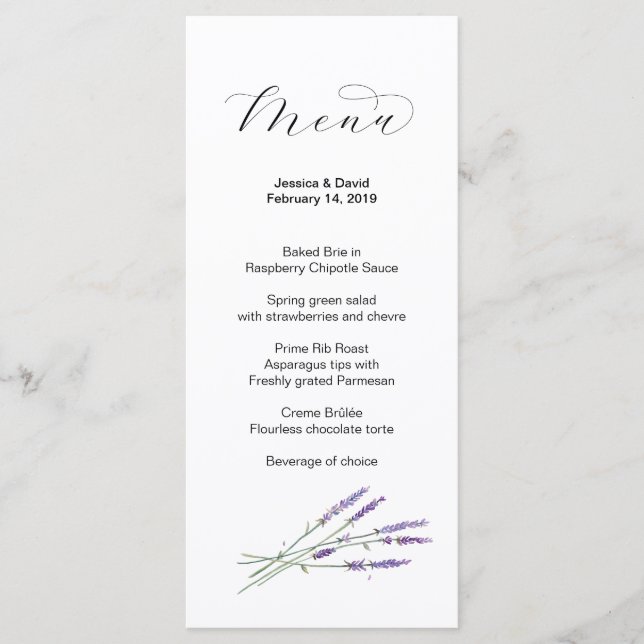 Menu Mariage Lavande aquarelle (Devant)