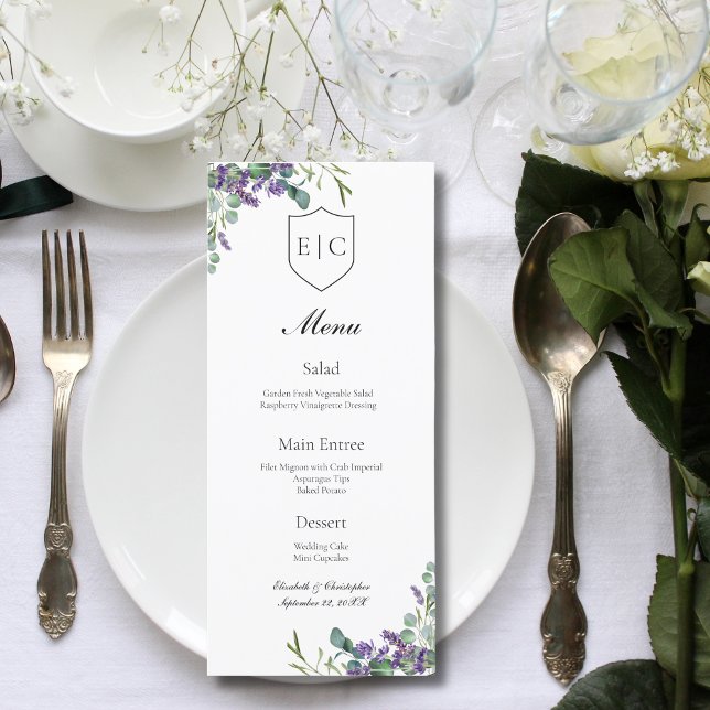 Menu Mariage Lavender Eucalyptus Monogram (Monogram Initials Lavender Eucalyptus Wedding Menu)