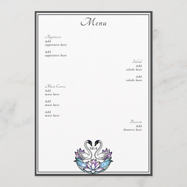 Menu Mariage Lys d'eau en verre de verre blanc Swans (Devant)