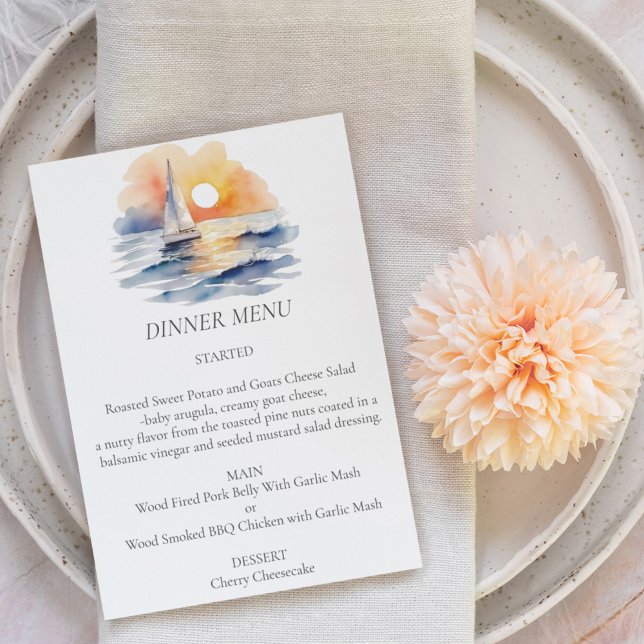 Menu Mariage marin de l'aquarelle Sunset Seascape (Watercolor Sailboat Sunset Seascape Wedding Dinner Menu)