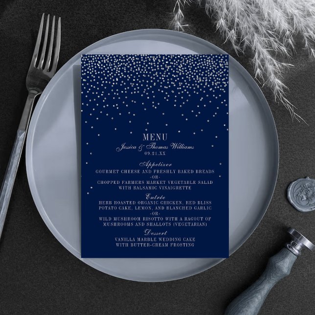 Menu Mariage Marine Blue & Glam Silver Confetti (Créateur téléchargé)