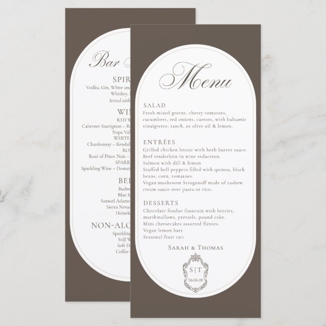 Menu mariage marron chocolat deux côtés Calligraph (Devant / Derrière)