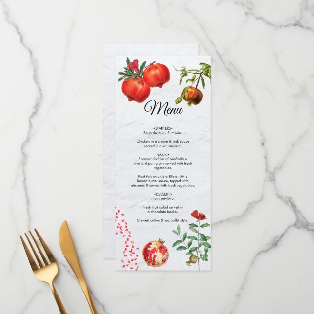 Menu Mariage méditerranéen de la grenade rouge (Devant/Arrière en situation)