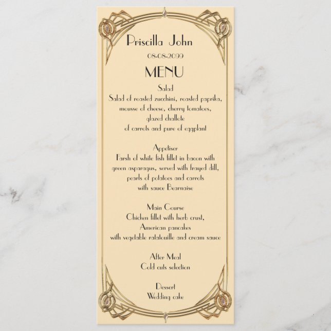 Menu Mariage, menu réunion, grand Gatsby, ivoire,  (Devant)