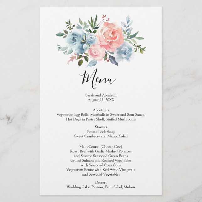 Menu mariage Menus Menues Aquarelle Roses (Devant)