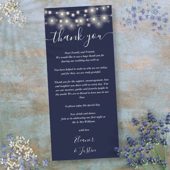 Menu Mariage Merci Lumières Marine Blue Place Card (Wedding Thank You Lights Navy Blue Place Card)