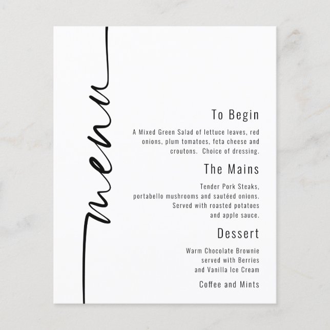 Menu Mariage minimaliste de calligraphie budgétair (Devant)