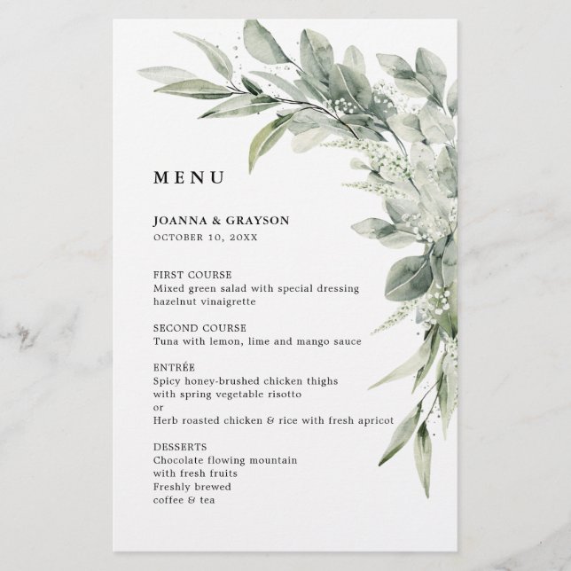 Menu Mariage minimaliste Sage Green Eucalyptus (Devant)