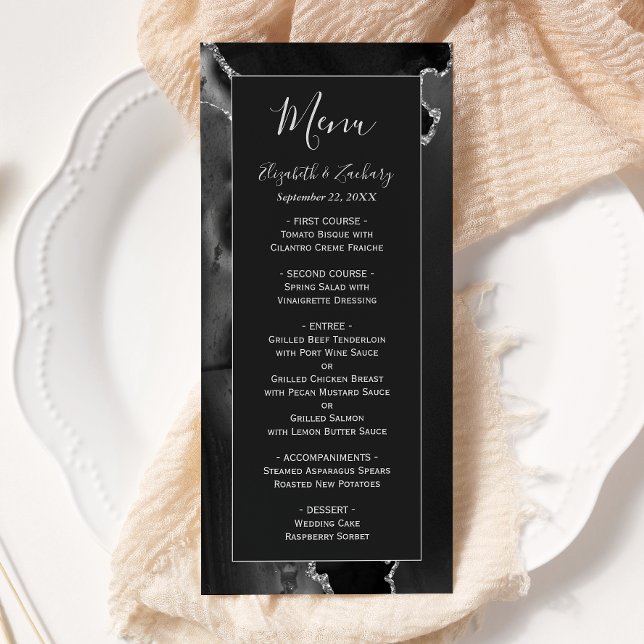 Menu Mariage moderne Black Silver Agate (Créateur téléchargé)