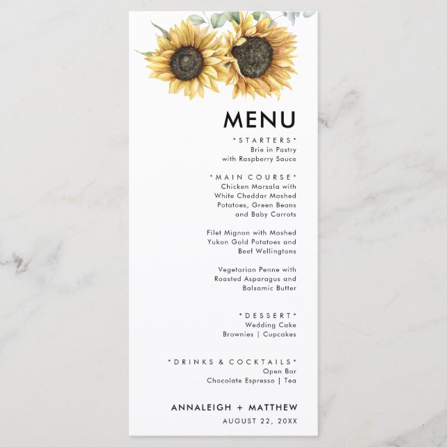 Menu Mariage moderne de tournesol floral Eucalyptus (Devant)