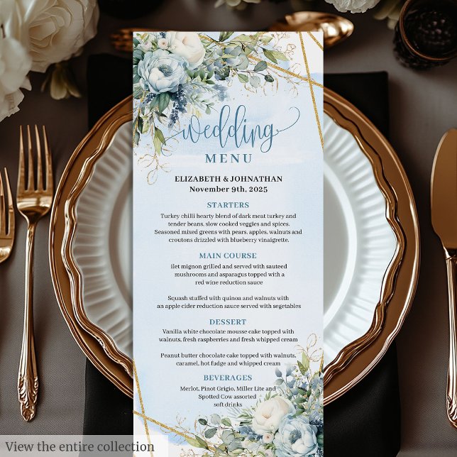 Menu Mariage moderne Dusty Blue Green Gold Frame (Modern Dusty Blue Greenery Gold Frame Wedding Menu)