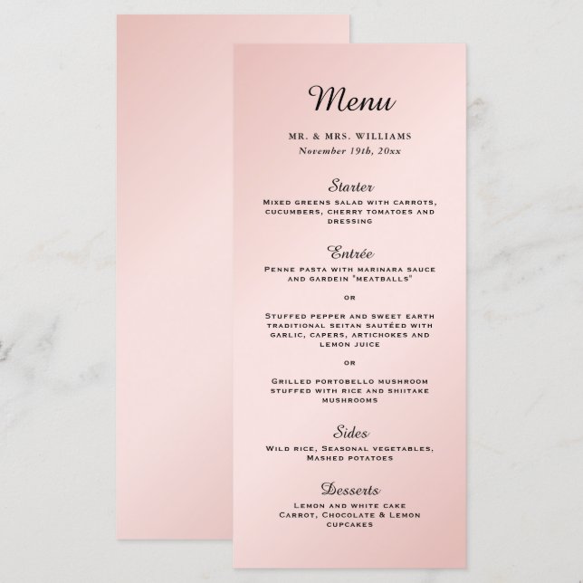 Menu Mariage moderne élégant rose vif (Devant / Derrière)