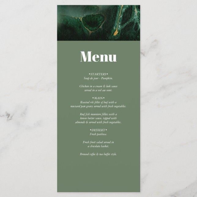 Menu Mariage moderne en marbre vert (Devant)