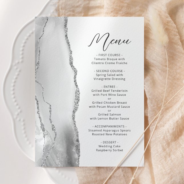 Menu Mariage Moderne Gris Agate Blanc Argent Script (Créateur téléchargé)