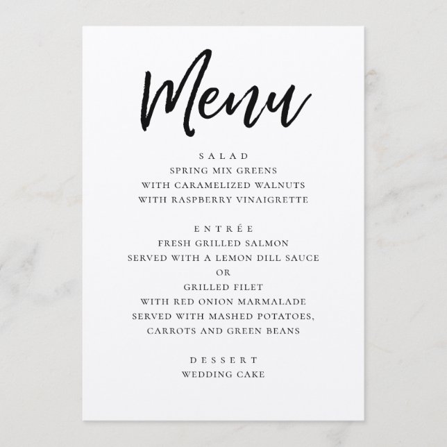 Menu Mariage moderne rustique. Calligraphie du scénario (Devant)