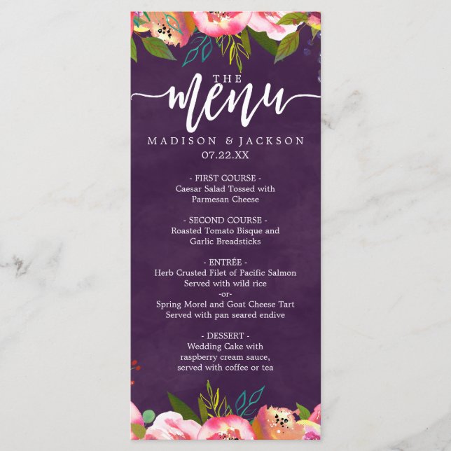 Menu Mariage modifiable couleur chic en floraison (Devant)