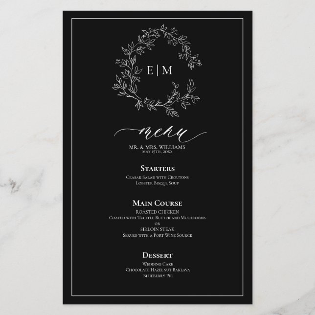 Menu Mariage Monogram Crest noir blanc (Devant)