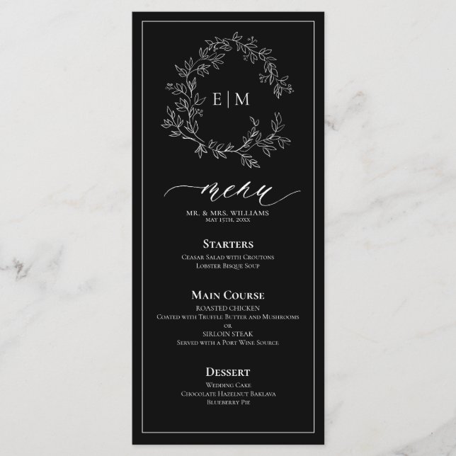 Menu Mariage Monogram Crest noir blanc (Devant)