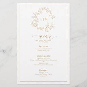 Menu Mariage Monogram Gold Leafy Crest