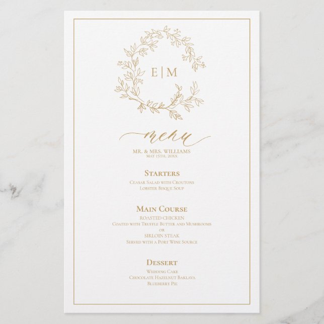Menu Mariage Monogram Gold Leafy Crest (Devant)