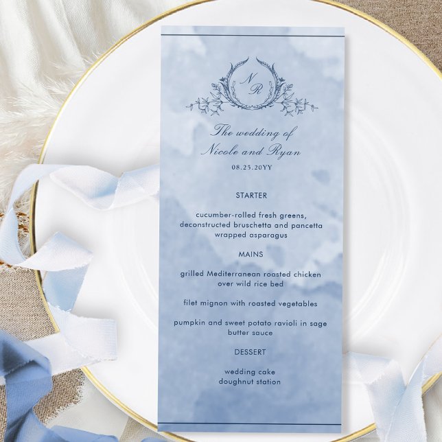 Menu Mariage Monogram Script Dusty Blue Watercolor (Créateur téléchargé)