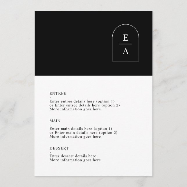 Menu Mariage monogramme à arc minimal noir et blanc sim (Devant)