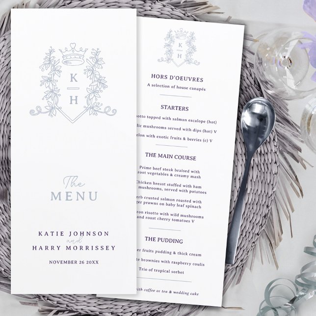 Menu Mariage monogramme blanc argenté violet couronne (Créateur téléchargé)