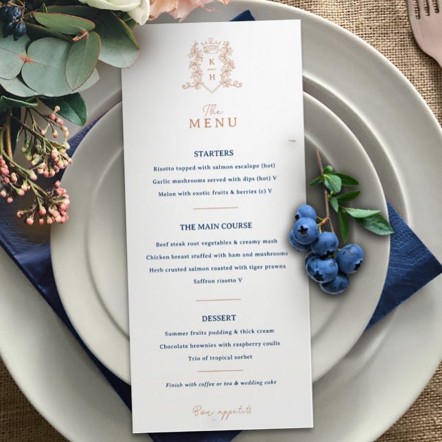 Menu Mariage monogramme blanc rose or bleu couronne (Créateur téléchargé)