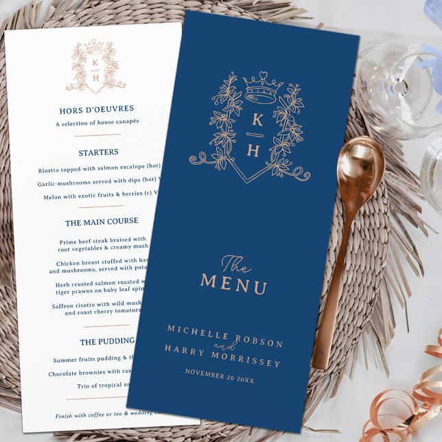 Menu Mariage monogramme blanc rose or bleu couronne (Créateur téléchargé)