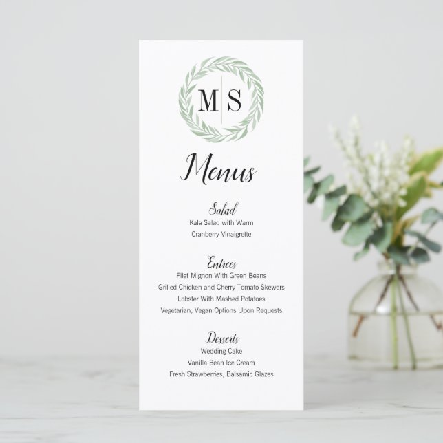 Menu Mariage Monogramme de couronne verte (Debout devant)
