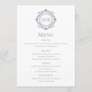 Menu Mariage Monogramme Floral Orné Argent