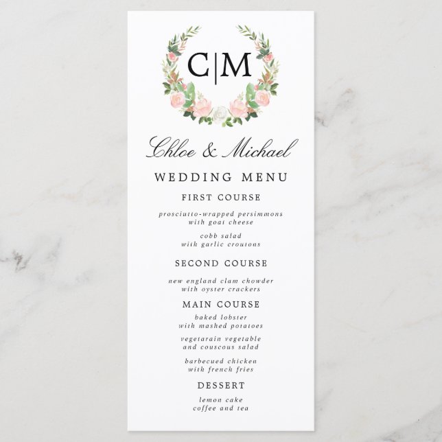 Menu Mariage Monogramme Floral Rose Blanc Noms (Devant)