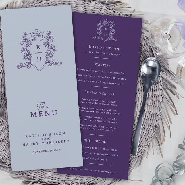 Menu Mariage monogramme gris argenté foncé pourpre (Créateur téléchargé)