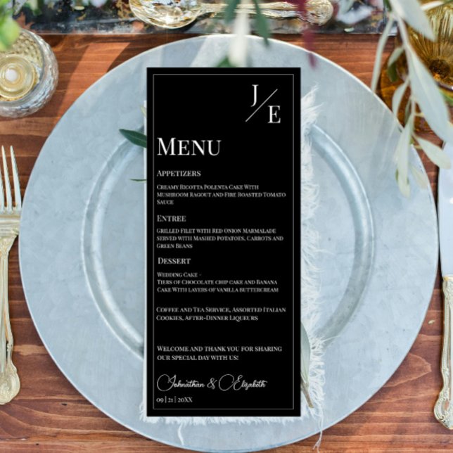 Menu Mariage monogramme minimal | Noir (Black Minimalist Monogram Wedding Menu)