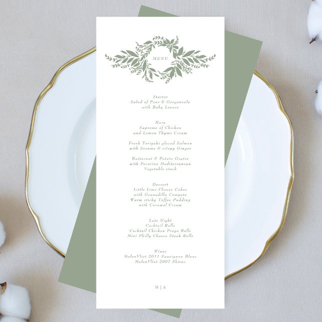 Menu mariage monogramme traditionnel de couronnes verte (Créateur téléchargé)