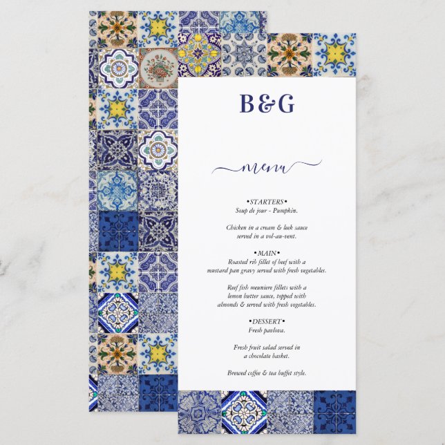 Menu Mariage Motif de tuiles portugaises méditerranéenn (Devant / Derrière)
