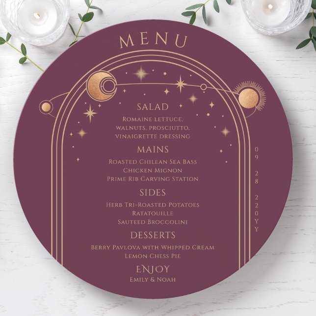 Menu Mariage mystique Plum Gold Sun Moon Stars (Créateur téléchargé)